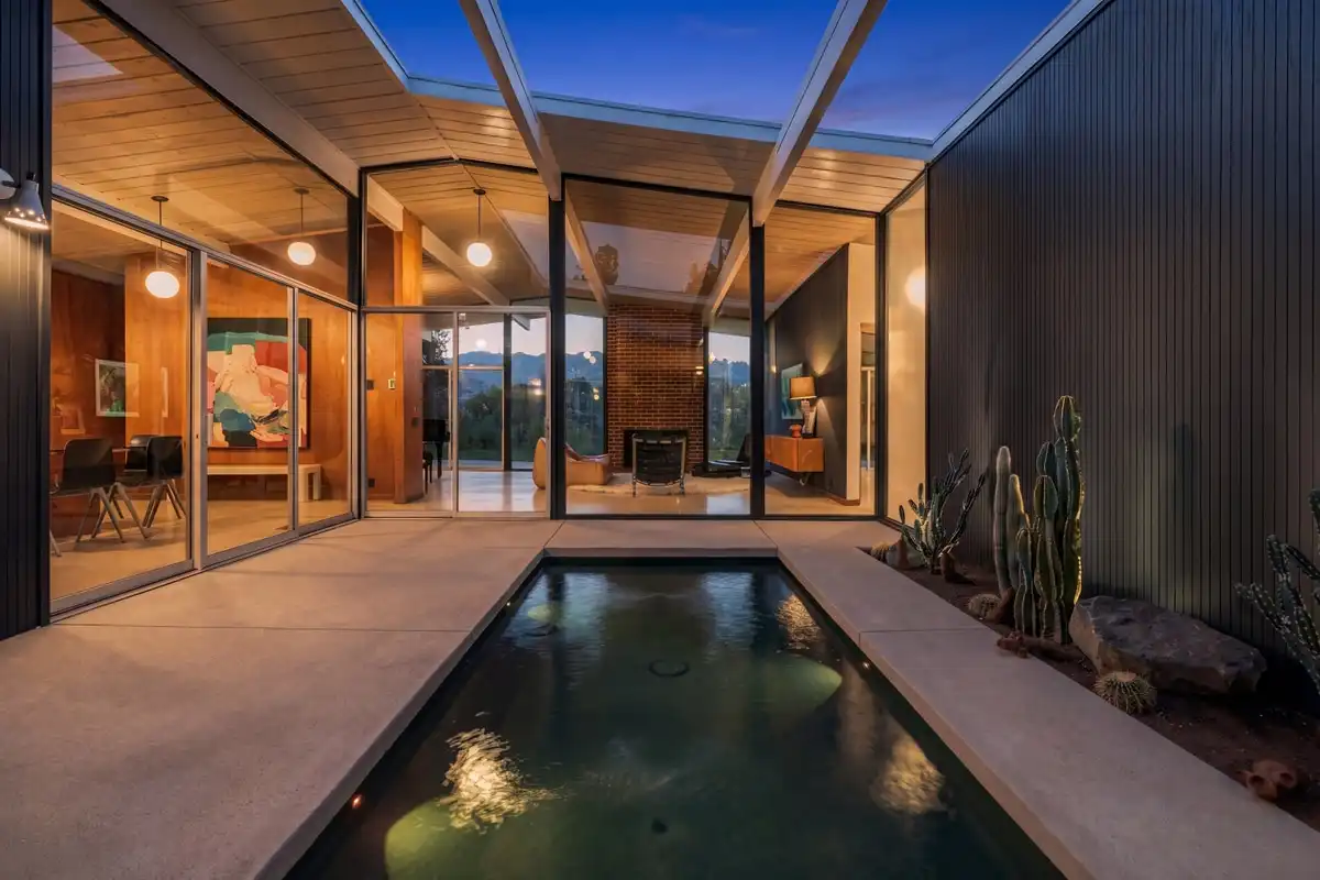 Eichler atrium and pool at twilight in Granada Hills